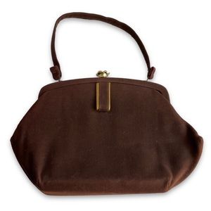 vintage velvet flower clasp chocolate brown handbag, mid-century